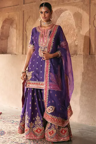 Purple embroidered chanderi silk sharara set
