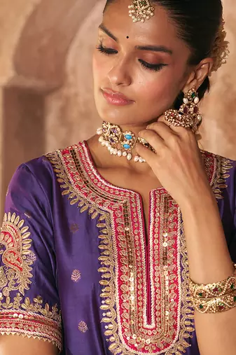 Purple embroidered chanderi silk sharara set