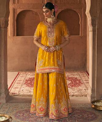 Mustard embroidered chanderi silk sharara set 2