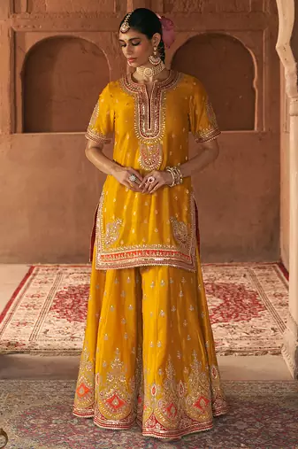 Mustard embroidered chanderi silk sharara set