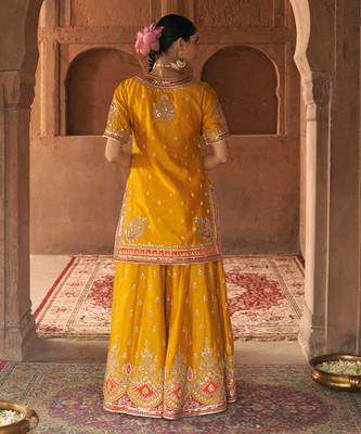 Mustard embroidered chanderi silk sharara set 3