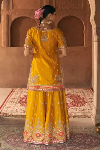 Mustard embroidered chanderi silk sharara set
