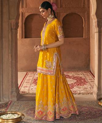 Mustard embroidered chanderi silk sharara set 4