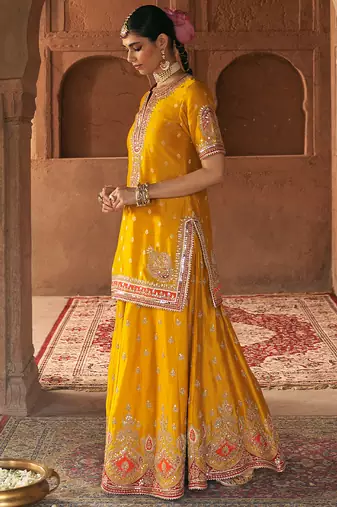 Mustard embroidered chanderi silk sharara set