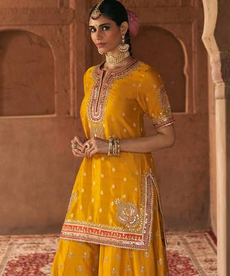 Mustard embroidered chanderi silk sharara set 5