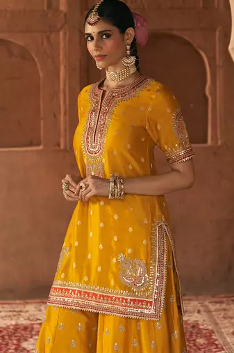 Mustard embroidered chanderi silk sharara set