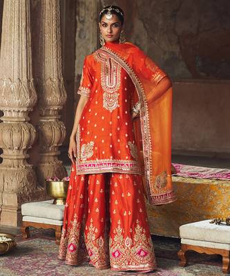 Orange embroidered chanderi silk sharara set 1