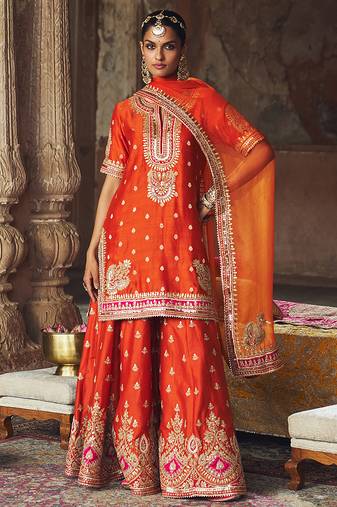 Orange embroidered chanderi silk sharara set