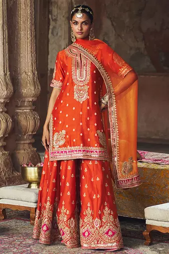 Orange embroidered chanderi silk sharara set