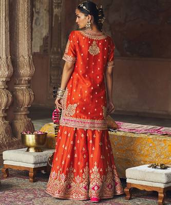 Orange embroidered chanderi silk sharara set 2