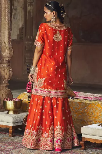 Orange embroidered chanderi silk sharara set