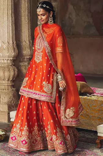 Orange embroidered chanderi silk sharara set