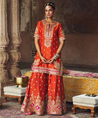 Orange embroidered chanderi silk sharara set 5
