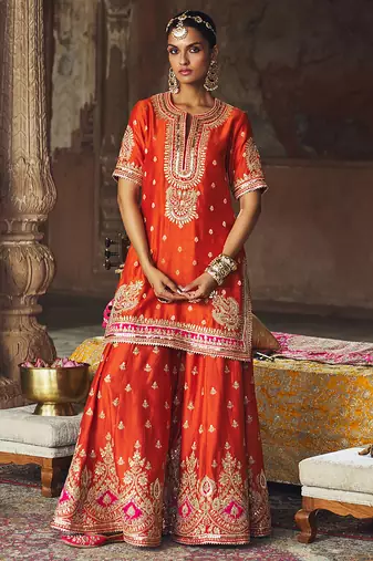 Orange embroidered chanderi silk sharara set