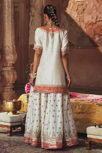 Ivory embroidered chanderi silk sharara set