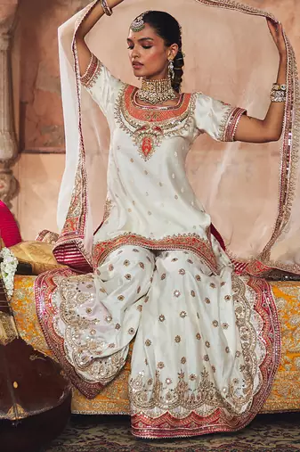 Ivory embroidered chanderi silk sharara set