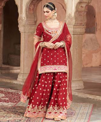 Red embroidered chanderi silk sharara set 1