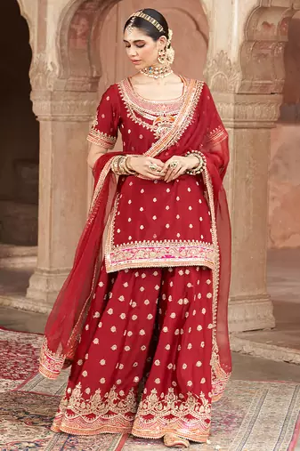 Red embroidered chanderi silk sharara set