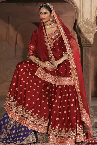 Red embroidered chanderi silk sharara set