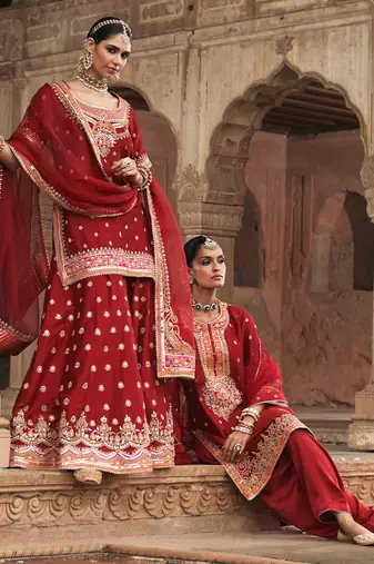 Red embroidered chanderi silk sharara set