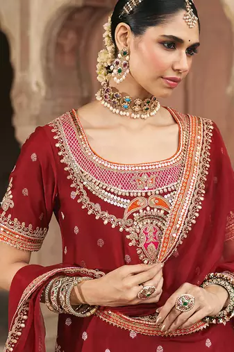 Red embroidered chanderi silk sharara set