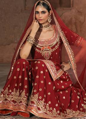 Red embroidered chanderi silk sharara set 5