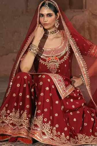 Red embroidered chanderi silk sharara set