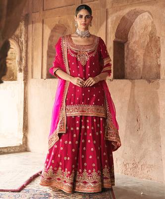 Hot pink embroidered chanderi silk sharara set 1