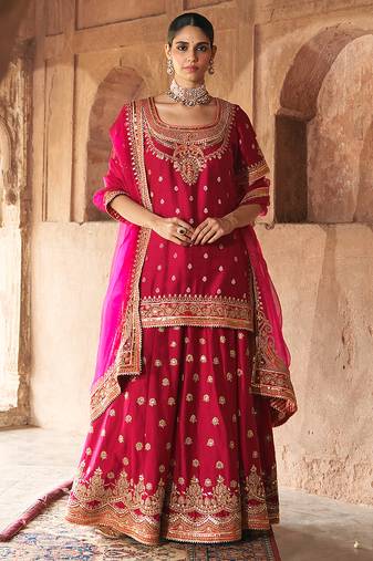 Hot pink embroidered chanderi silk sharara set