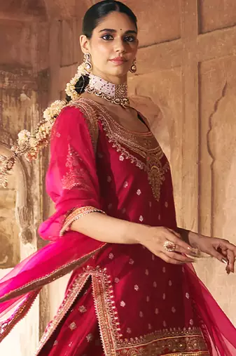 Hot pink embroidered chanderi silk sharara set