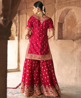 Hot pink embroidered chanderi silk sharara set 4