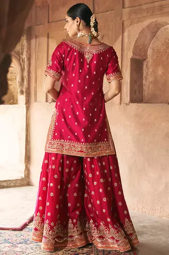 Hot pink embroidered chanderi silk sharara set