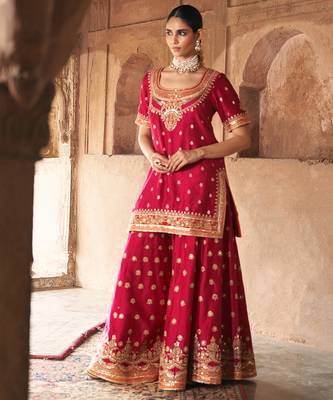 Hot pink embroidered chanderi silk sharara set 5