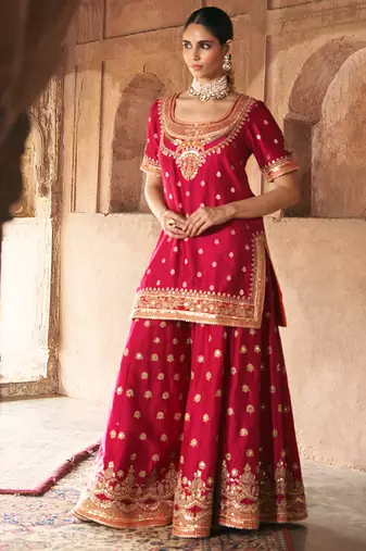 Hot pink embroidered chanderi silk sharara set