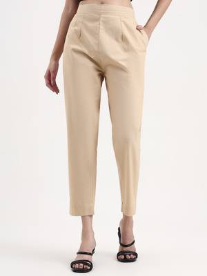 beige woven cotton flex trousers slim fit regular pant 1
