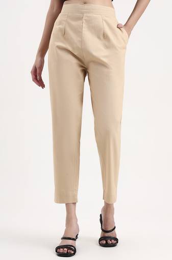 beige woven cotton flex trousers slim fit regular pant