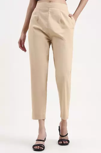 beige woven cotton flex trousers slim fit regular pant