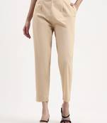beige woven cotton flex trousers slim fit regular pant
