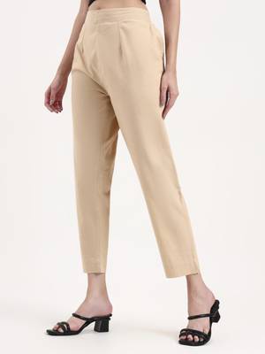 beige woven cotton flex trousers slim fit regular pant 2