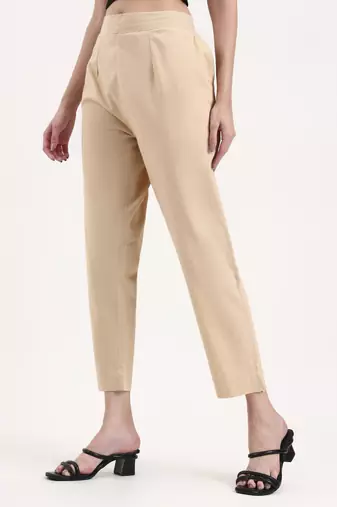 beige woven cotton flex trousers slim fit regular pant