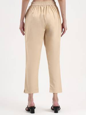 beige woven cotton flex trousers slim fit regular pant 3