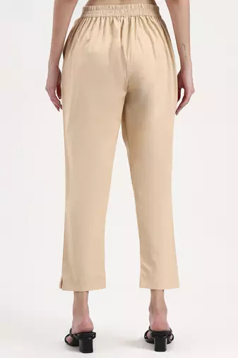 beige woven cotton flex trousers slim fit regular pant