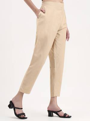 beige woven cotton flex trousers slim fit regular pant 4