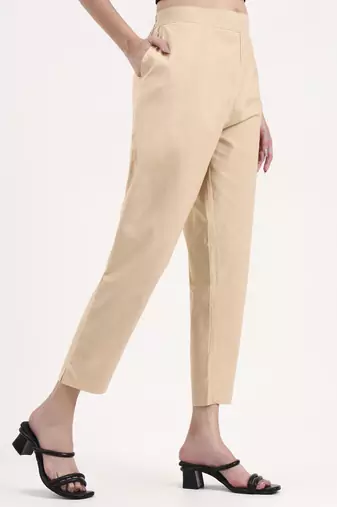 beige woven cotton flex trousers slim fit regular pant