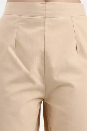 beige woven cotton flex trousers slim fit regular pant