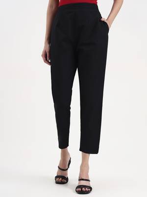 black woven cotton flex trousers slim fit regular pant 1