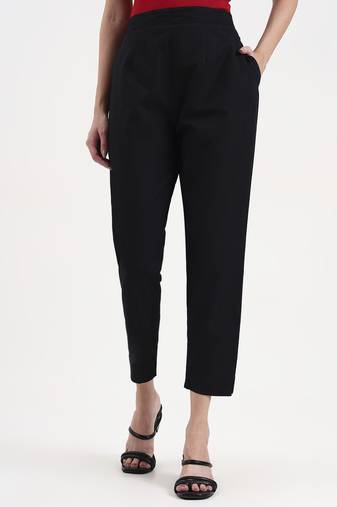 black woven cotton flex trousers slim fit regular pant