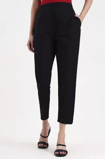 black woven cotton flex trousers slim fit regular pant
