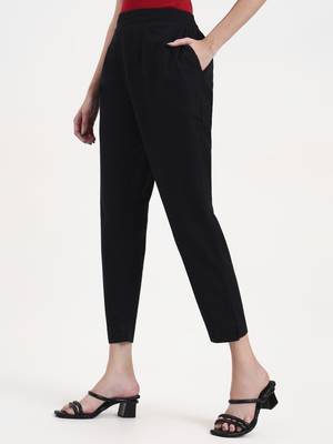 black woven cotton flex trousers slim fit regular pant 2