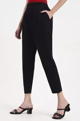black woven cotton flex trousers slim fit regular pant